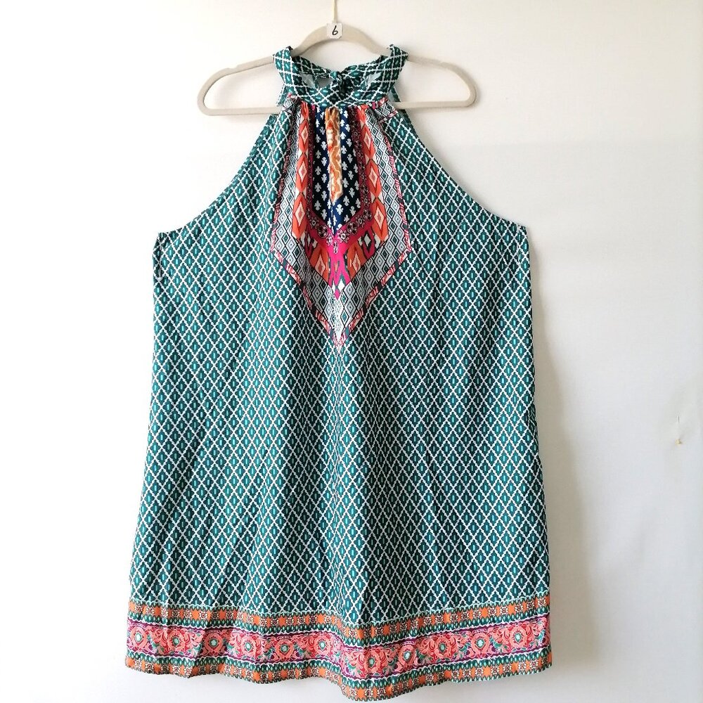 Oibili Womens Blue Sleeveless Halter Geometric Short A line Dress Size 3XL